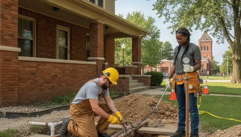 Indianapolis IN plumbing repair technician servicing a residential pipe leak