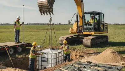 Septic tank installation for Indianapolis, IN home with plumbing crew and equipment