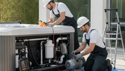 Spa repair technician fixing hot tub in Indianapolis, IN for reliable home spa service